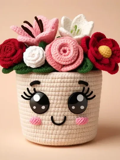 Niedlicher Topf mit 5 Blumen Häkelmuster product image (1)