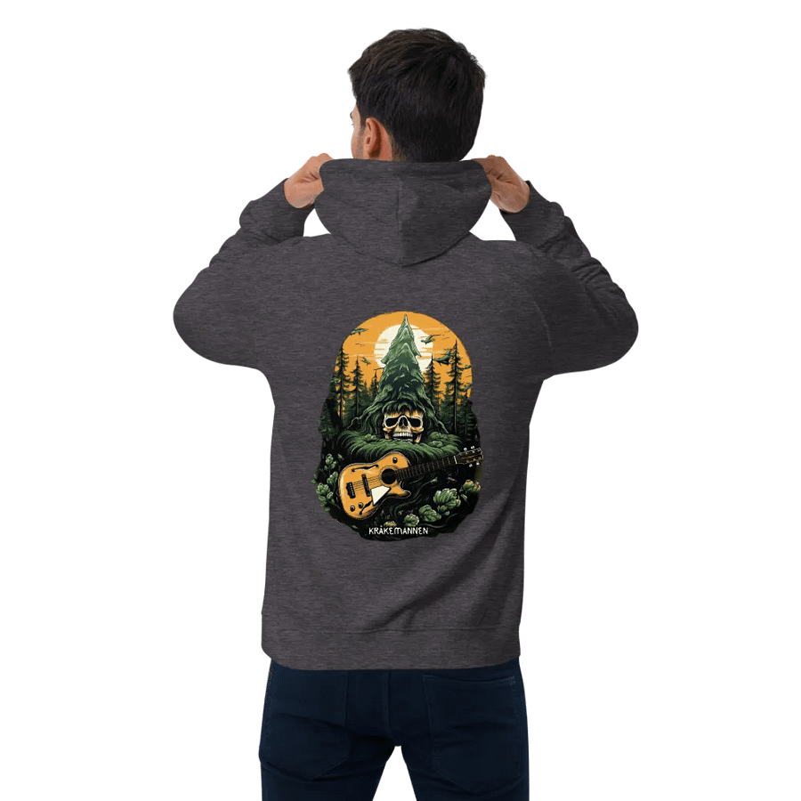 Unisex Eco Raglan Hoodie 🌲 Skeleton head with a guitar in a spruce forest product image (1)