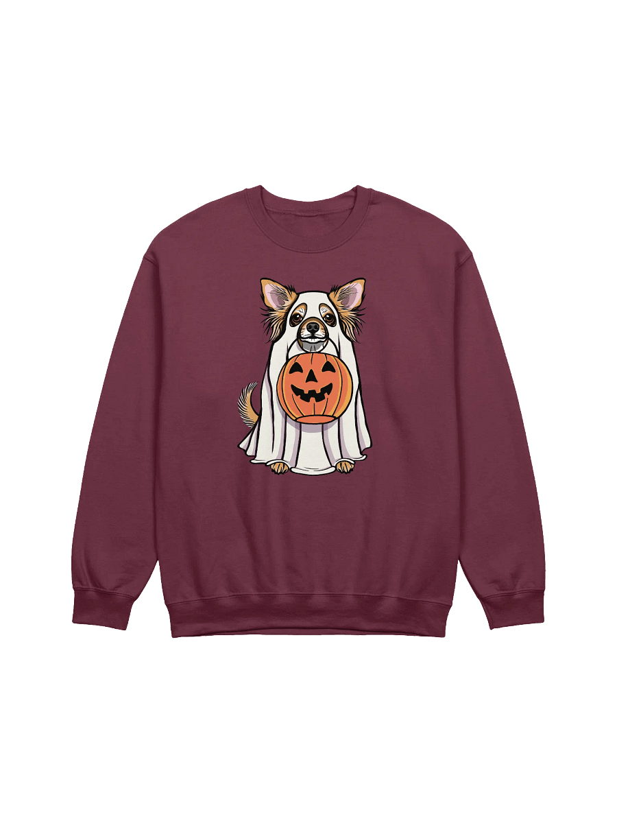 Funny Halloween Longhaired Chihuahua Sweatshirt | Funny Chihuahua Wearing a Ghost Costume and Holding a Pumpkin Basket product image (12)