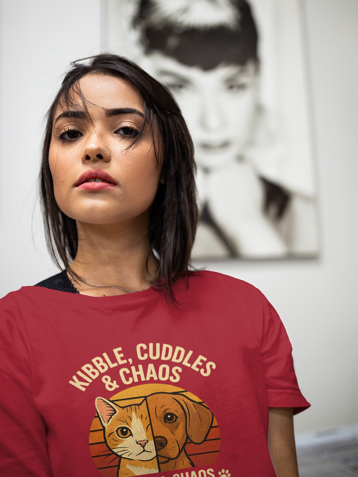 Kibble Cuddles & Chaos T-Shirt — Retro Split Cat Dog Design — Pet Mom Dad Tee product image (3)