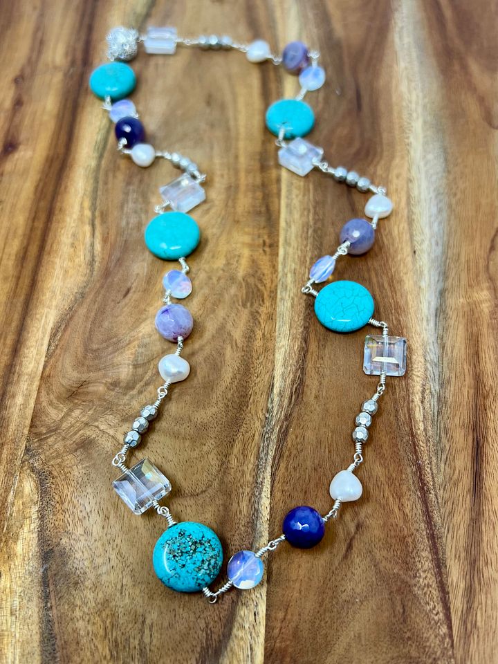 Handmade Wire Wrapped Necklace (Turquoise, Pearls, Crystals) product image (1)