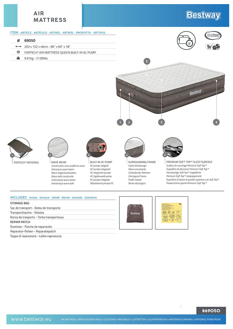 69050 Bestway® 80" x 60" x 18"/2.03m x 1.52m x 46cm Fortech Air Mattress Queen Built-in AC pump product image (8)