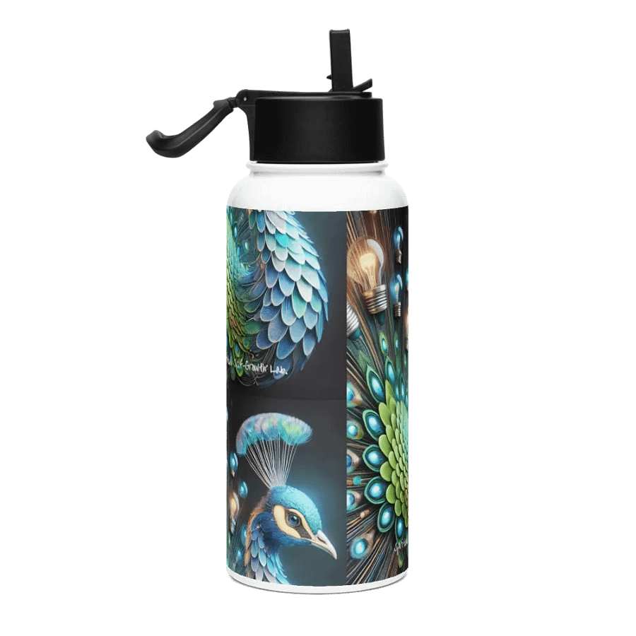 "Bloom of Ideas" – Illuminated Peacock Feather Stainless Steel Water Bottle for Spiritual Growth and Inspired Reflection Side product image (4)