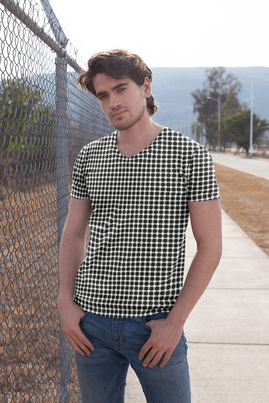 Abstract Black and White Chain Unisex V Neck Sports Jersey product image (4)