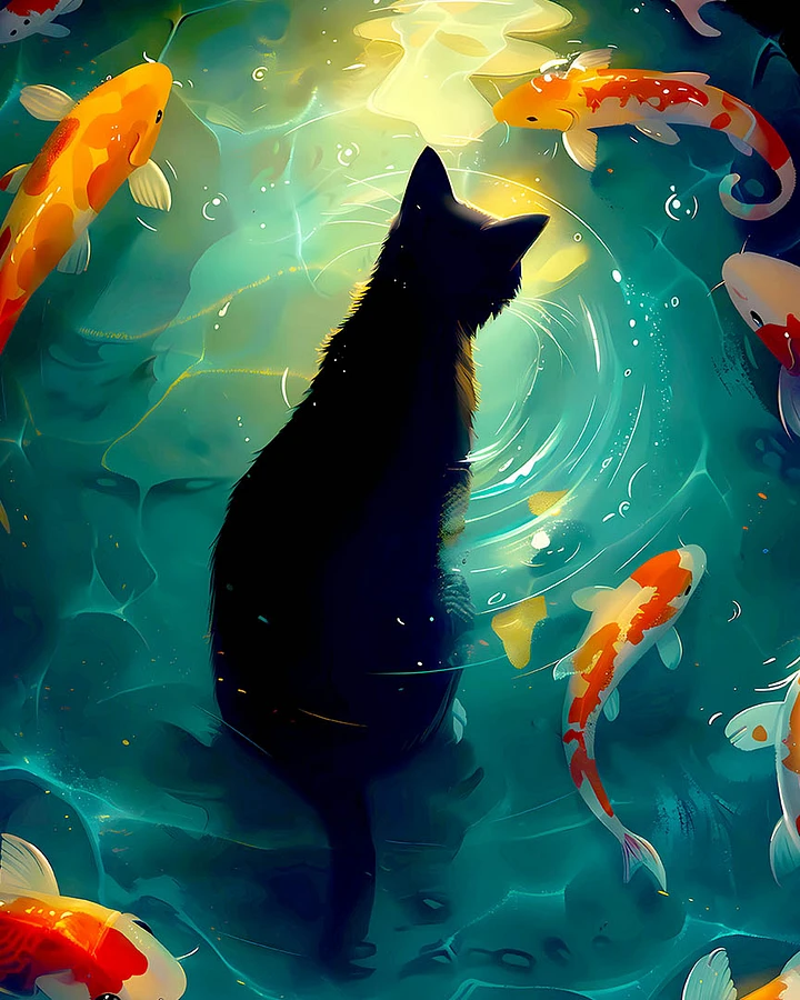 Tranquil Reflections: Black Cat Overlooking Swirling Koi in Moonlit Pond Matte Poster product image (1)