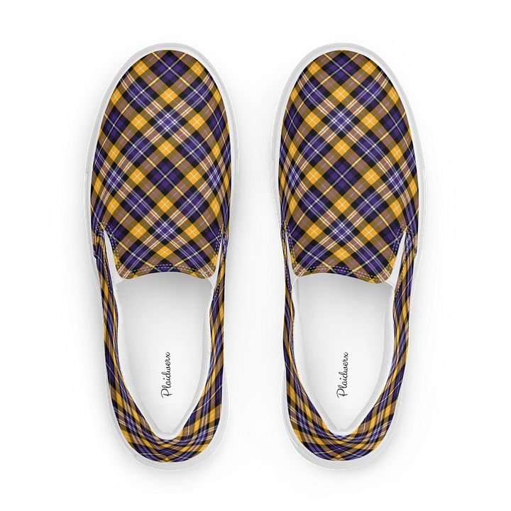 Purple and Yellow Gold Sporty Plaid Women's Slip On Shoes product image (1)