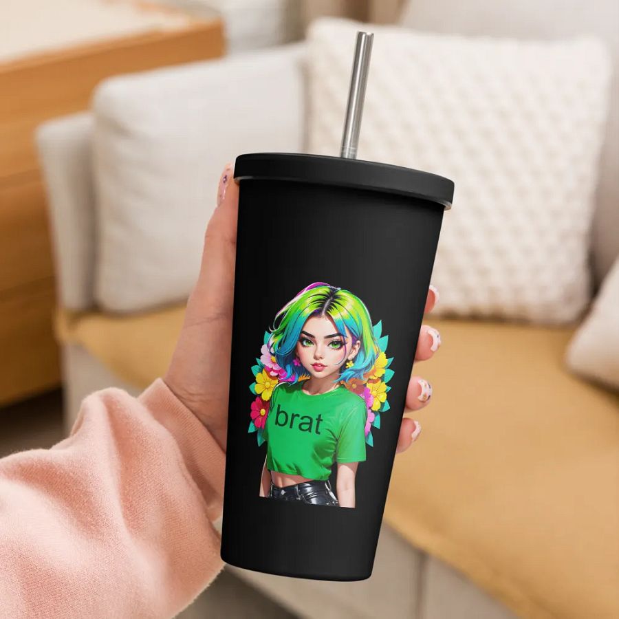 Brat 20 oz Tumbler Cup - Black - Insulated Tumbler with a Straw v1 product image (3)