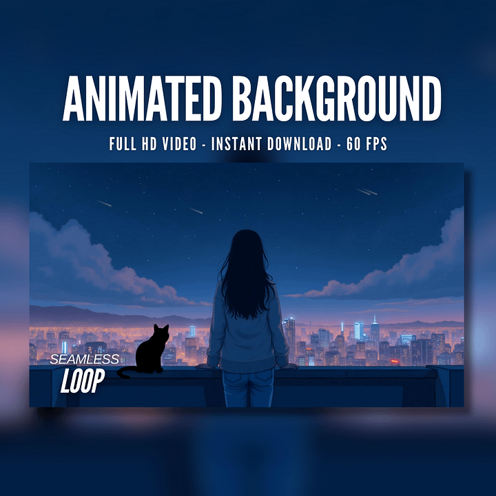 Animated Background | Rooftop Girl Under City Sky with Shooting Stars | Lofi Vibes | Perfect for Twitch & Live Wallpapers | AB272 product image (1)