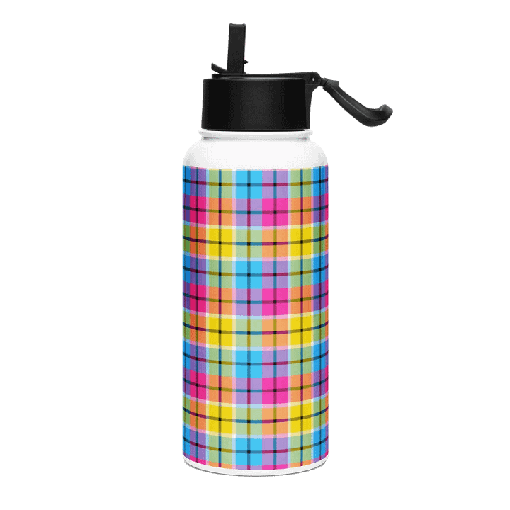 Hot Pink, Turquoise, and Yellow Plaid Water Bottle product image (2)