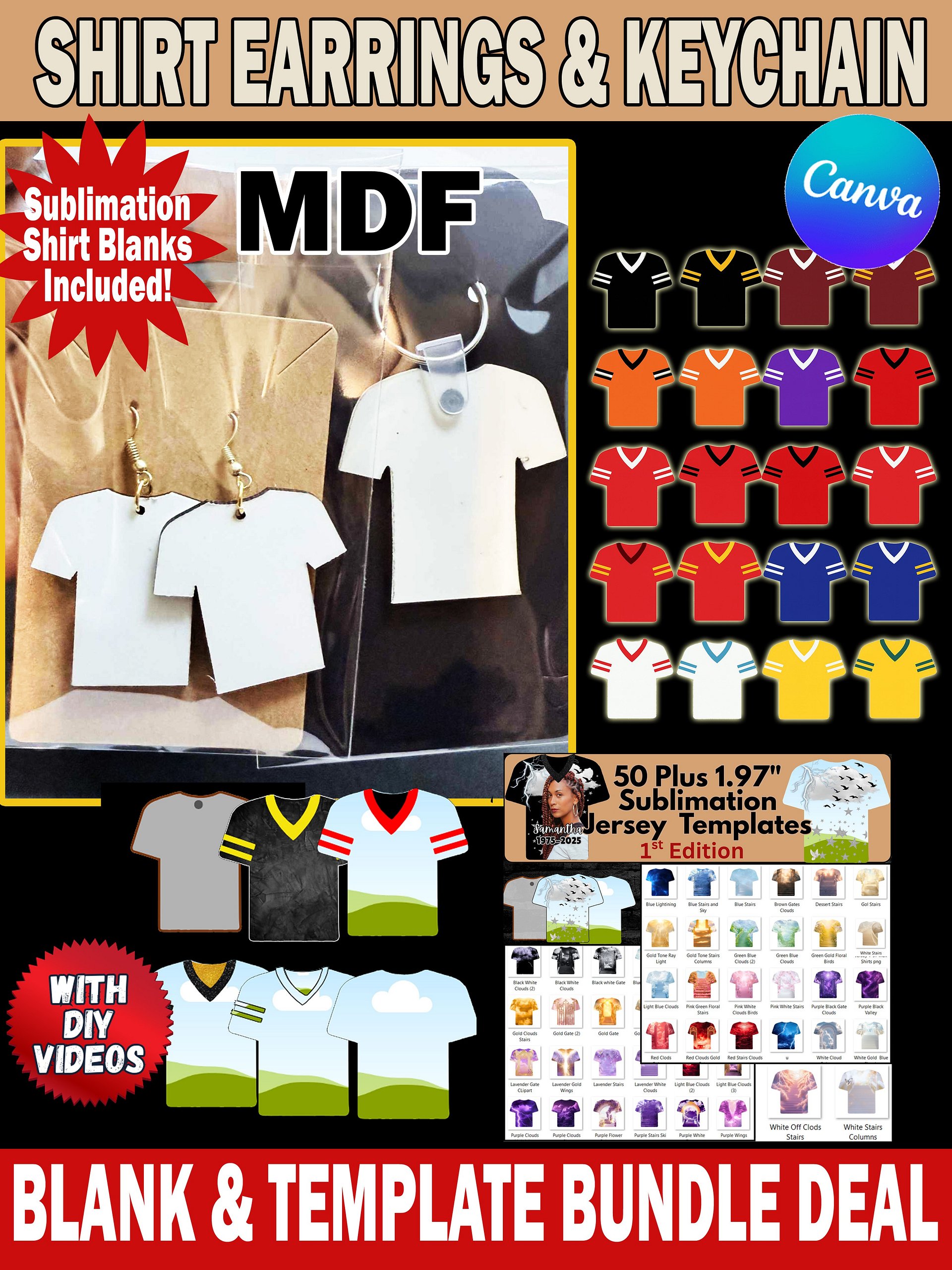 Bundle Deal - Premium Sublimation MDF Shirt Blanks Keychain and Earrings | Gift-Ready Packaging | DIY Video Tutorial and Templates Instant Download product image (1)