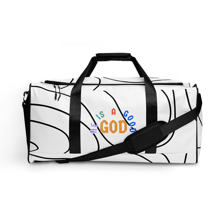 HE'S A GOOD GOD | Duffle Bag — Arc, Stylized Word Cross, Text — AOP Print product image (1)