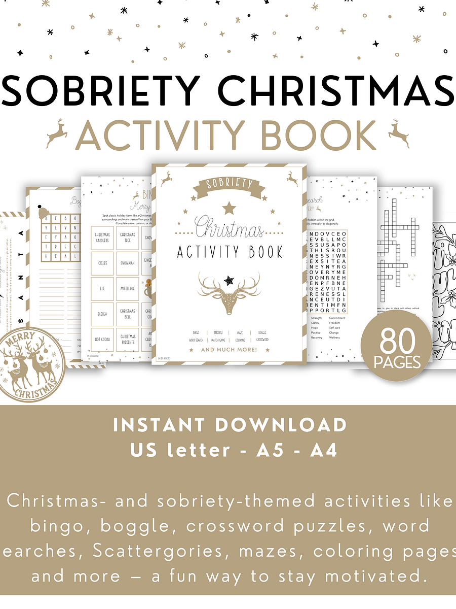 Sobriety Christmas Activity Book, Holiday Puzzles & Recovery Activities, Coloring Pages, Women Gift For Sober Support, Digital Printable PDF product image (1)