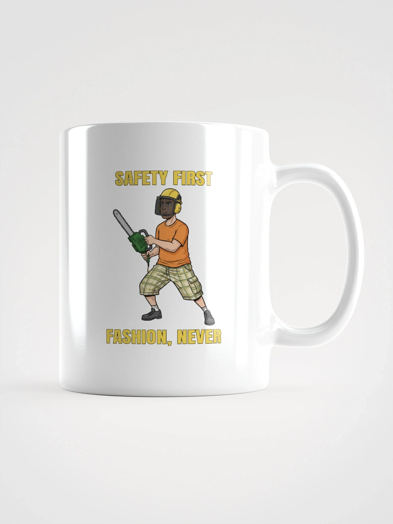 White Glossy Mug with Safety First, Fashion Never product image (2)