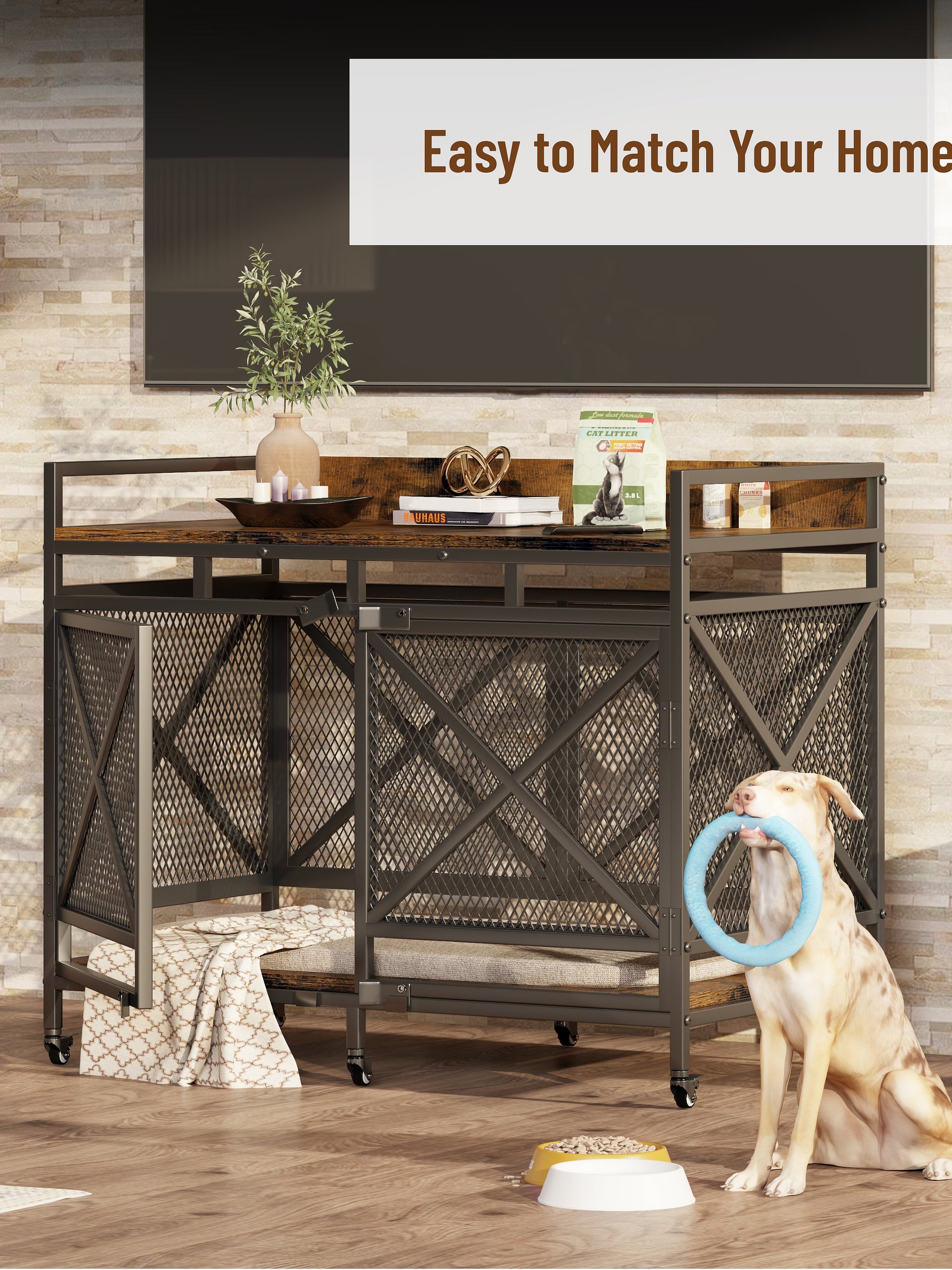 48 inch Dog Crate Furniture for Large Breeds (Up to 90 lb), Wooden & Steel, 360° Casters, Waterproof Top, Steel Lock,Vintage Brown product image (12)