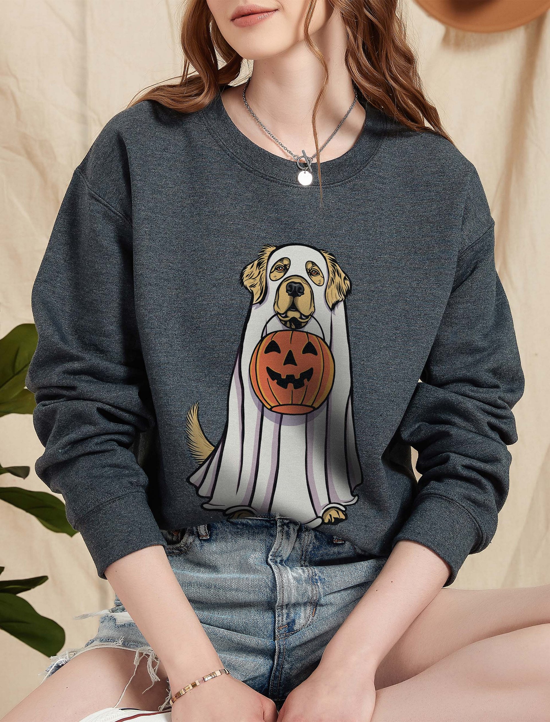 Funny Halloween Golden Retriever Sweatshirt | Funny Goldie Wearing a Ghost Costume and Holding a Pumpkin Basket product image (5)