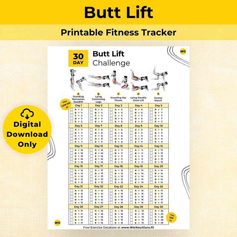 30 Day Butt Lift Challenge - Printable Workout Tracker