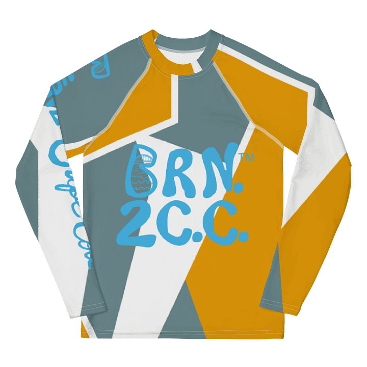 YOUTH | Rash Guard | BRN.2C.C.™ Front Graphic | BOURNE to Cape Cod™ Sleeve & Back Logo | Coastal Swim Shirt for Kids | UV Protection Activewear | Blue Logo | Grey & Dijon Geometric product image (1)