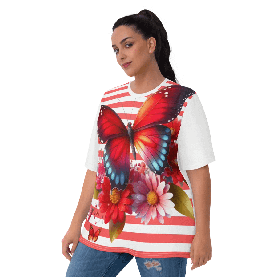 Vibrant Butterfly Paradise Red Stripped Women's T-Shirt product image (9)
