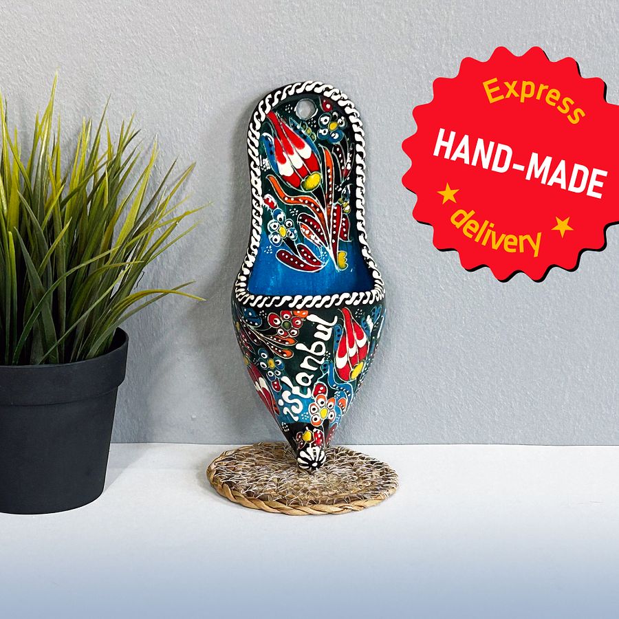 Ceramic wall decor, shoes (Terlik, blue) — handmade pottery, handmade ceramic, home decor, handmade gift, Turkish ceramic product image (3)