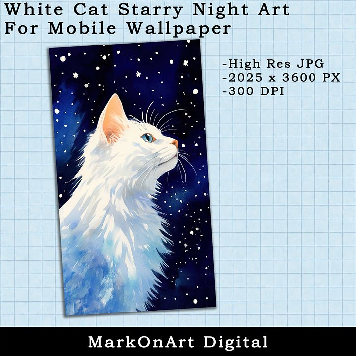 White Cat Starry Night Art For Mobile Phone Wallpaper or Lock Screen | High Res for iPhone or Android Cellphones product image (2)