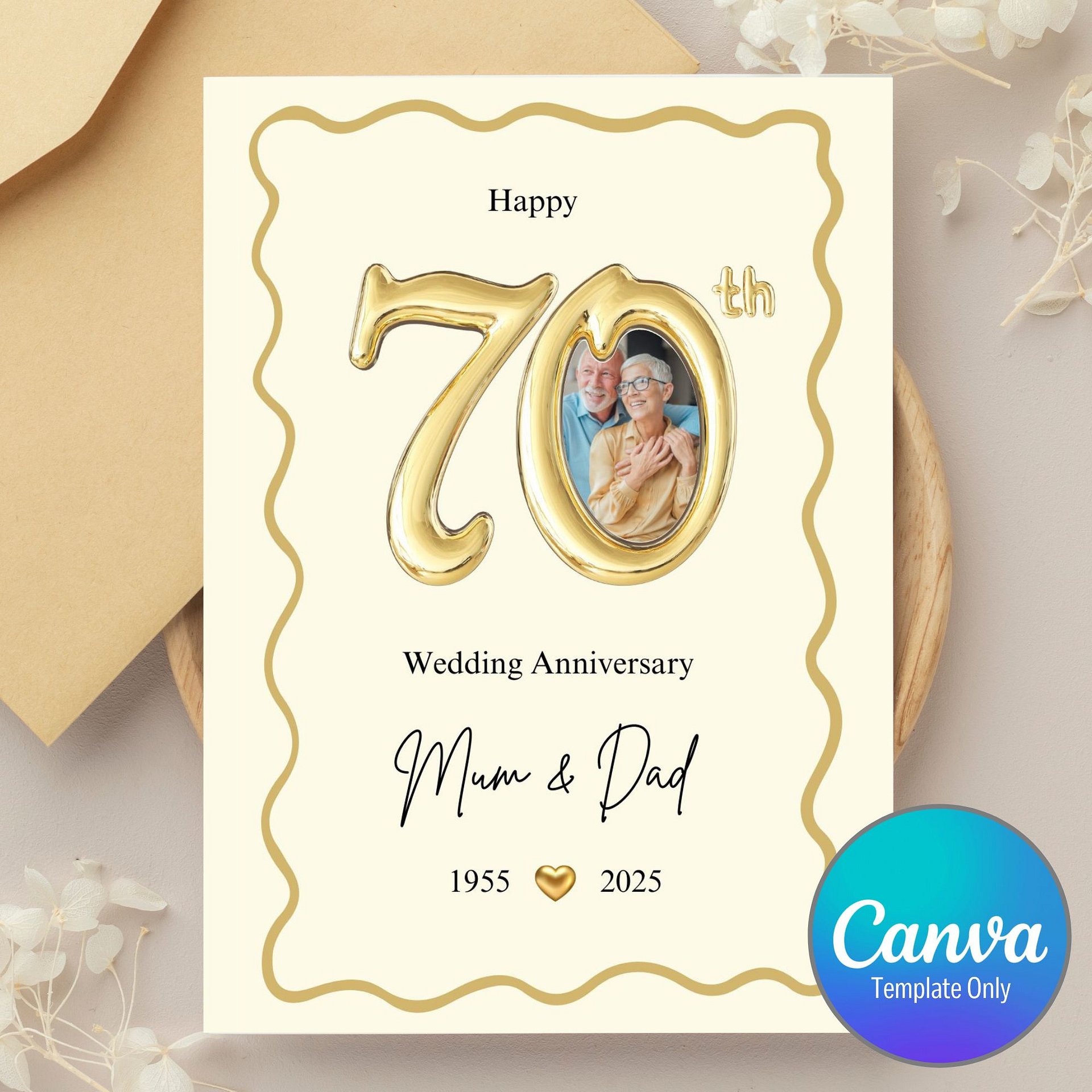 Gold Balloon-style 70th Year Wedding Anniversary Photo Card Template product image (1)