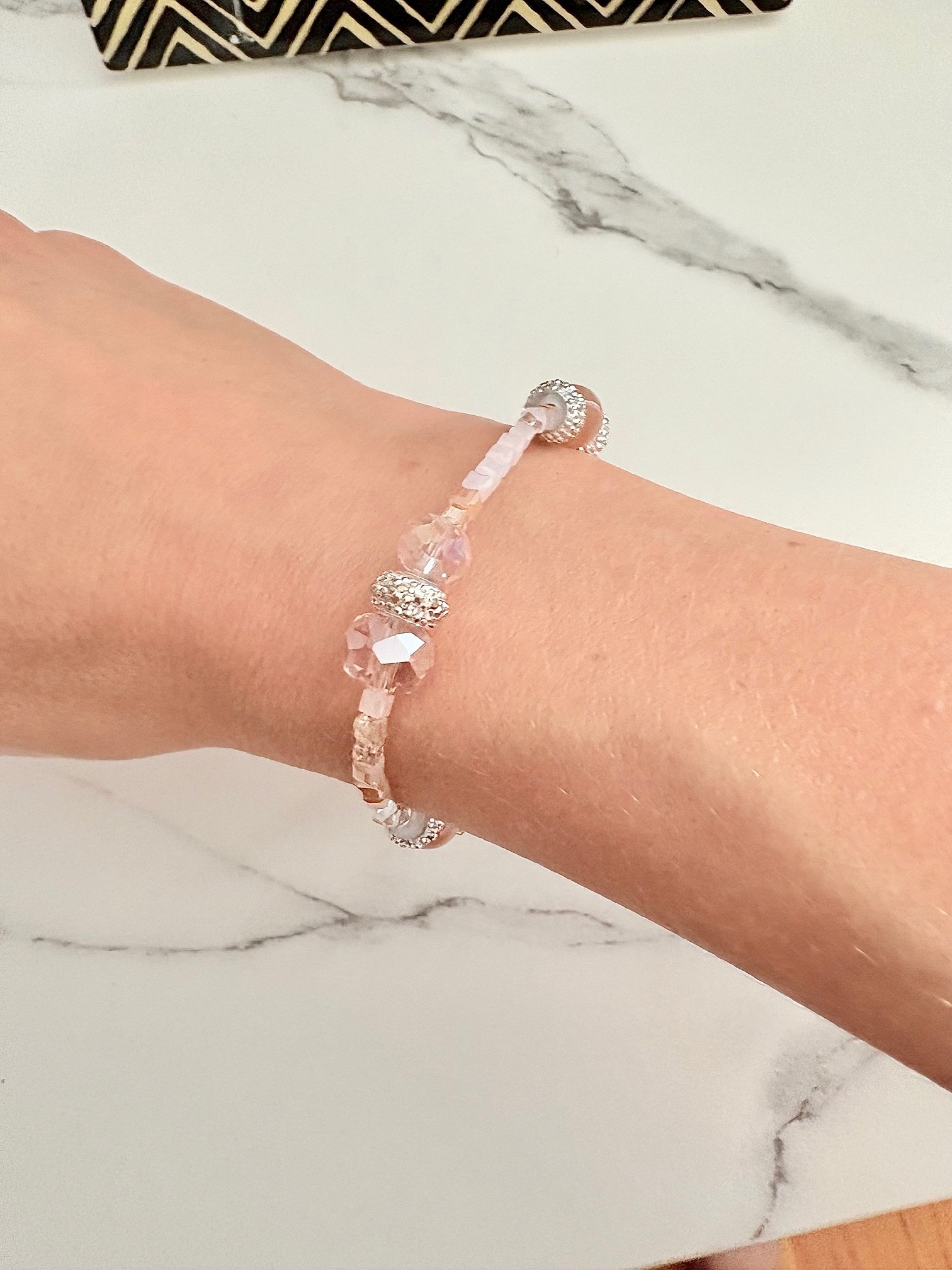 MFD-00053 | Blush Whisper | Faceted & Iridescent Bead stretch Bracelet with Lobster Clasp | Handmade 7.5" Coastal Charm | by Monique Faella Designs™ product image (1)