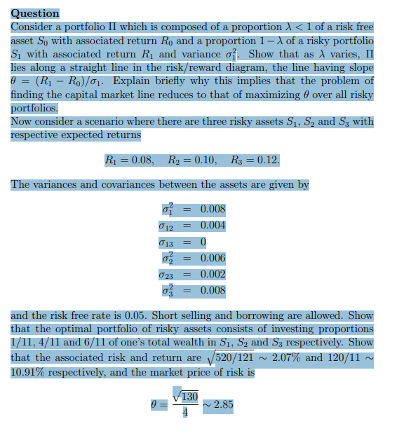 TD - Risk free and risky assets and the market price of risk-Quiz & sol product image (1)