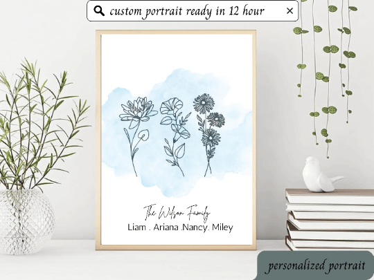 personalized birthflower portrait with message, birthflower portrait for family , friends & couple with personalized message product image (7)