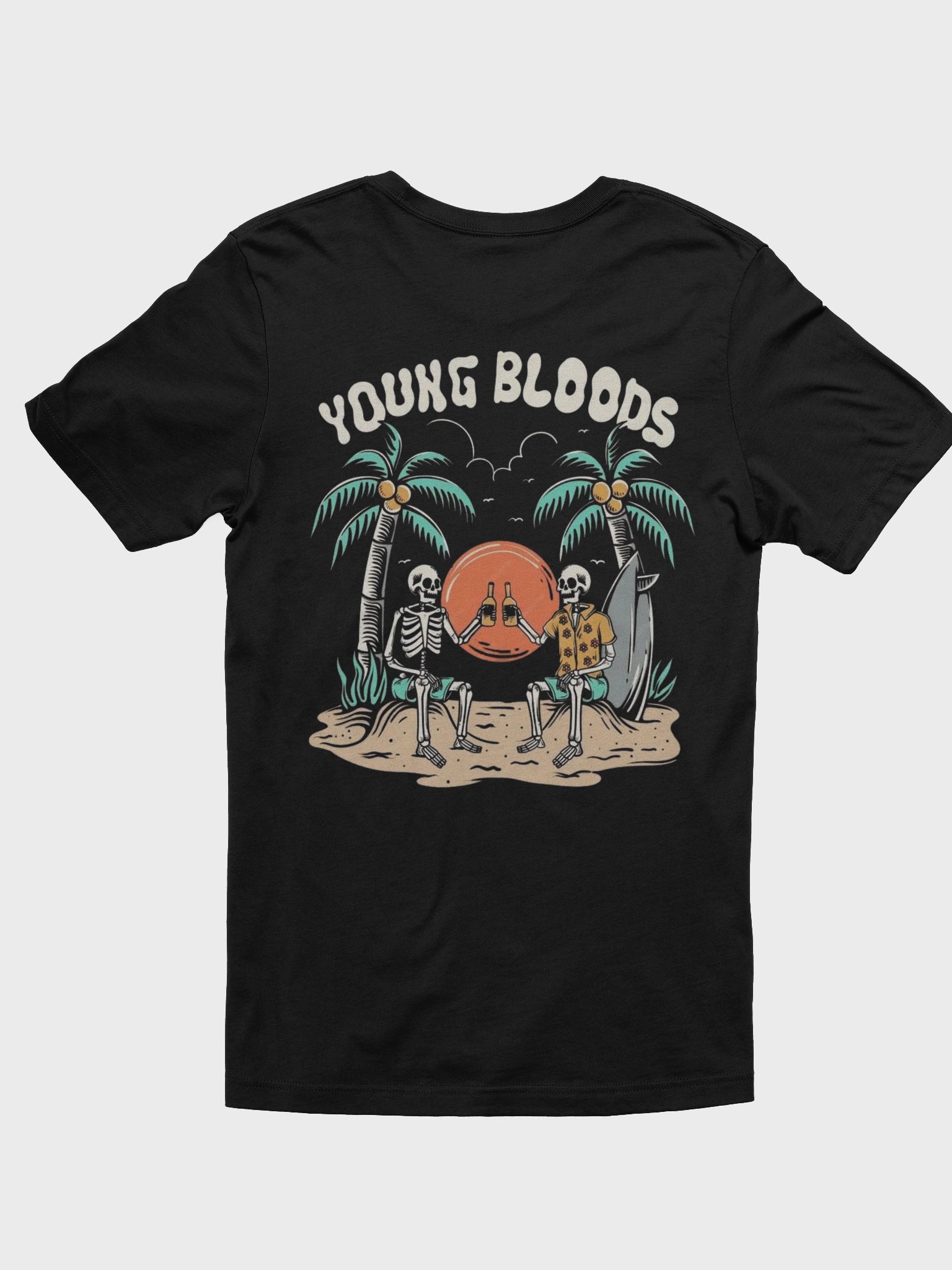 Skeleton Friends Relaxing on Beach with Sunset and Palm Trees T-Shirt product image (1)