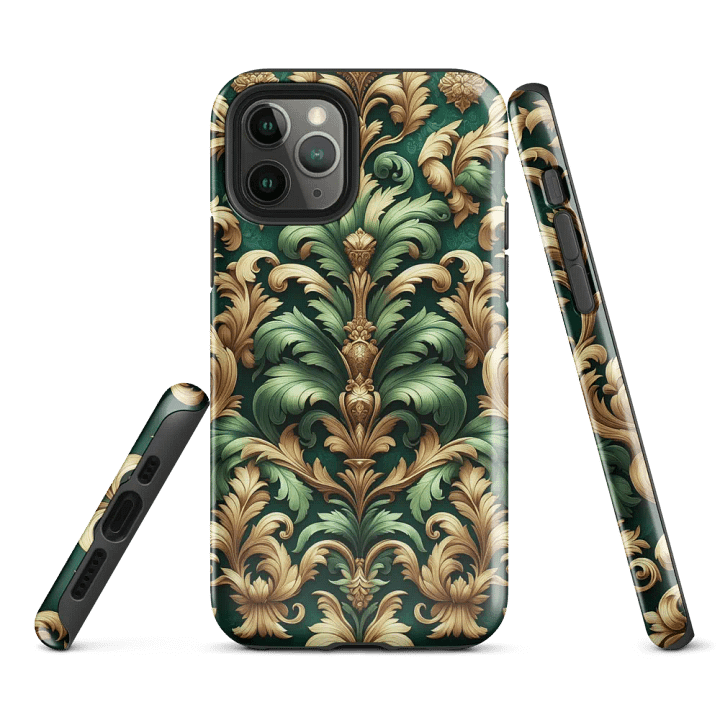 Tough Phone Case for iPhone® - Green and Gold Rococo Damask Floral Pattern product image (1)
