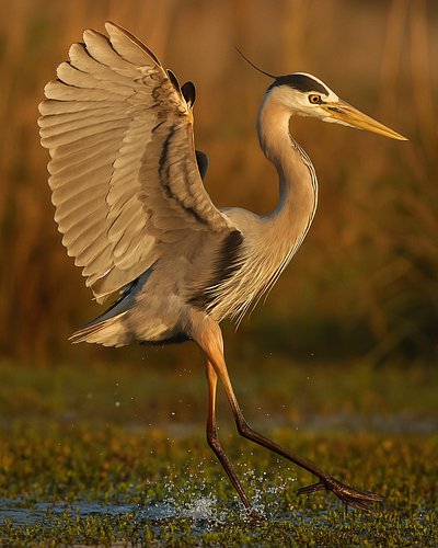 Great blue heron lifting off from a Florida marsh just before sunset. #robinmehdee