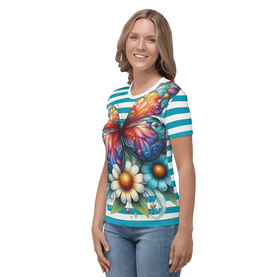 Butterfly Blossom Women's Stripped Teal All-Over Print Tee product image (3)