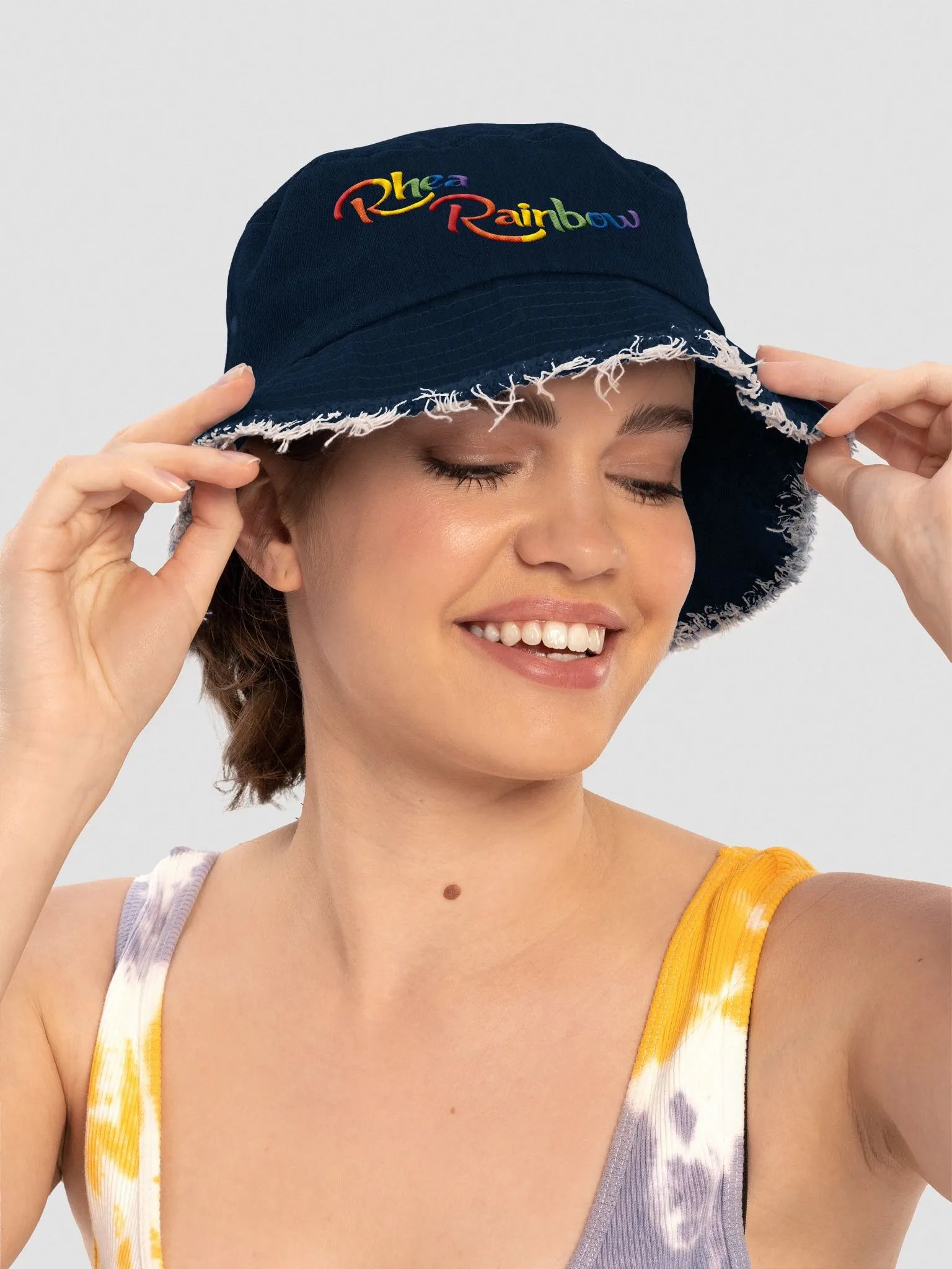 🌈Rhea Rainbow Distressed Denim Bucket Hat! product image (3)