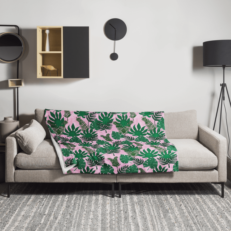 Jungle Leaves Pattern Throw Blanket- Pink Background product image (5)