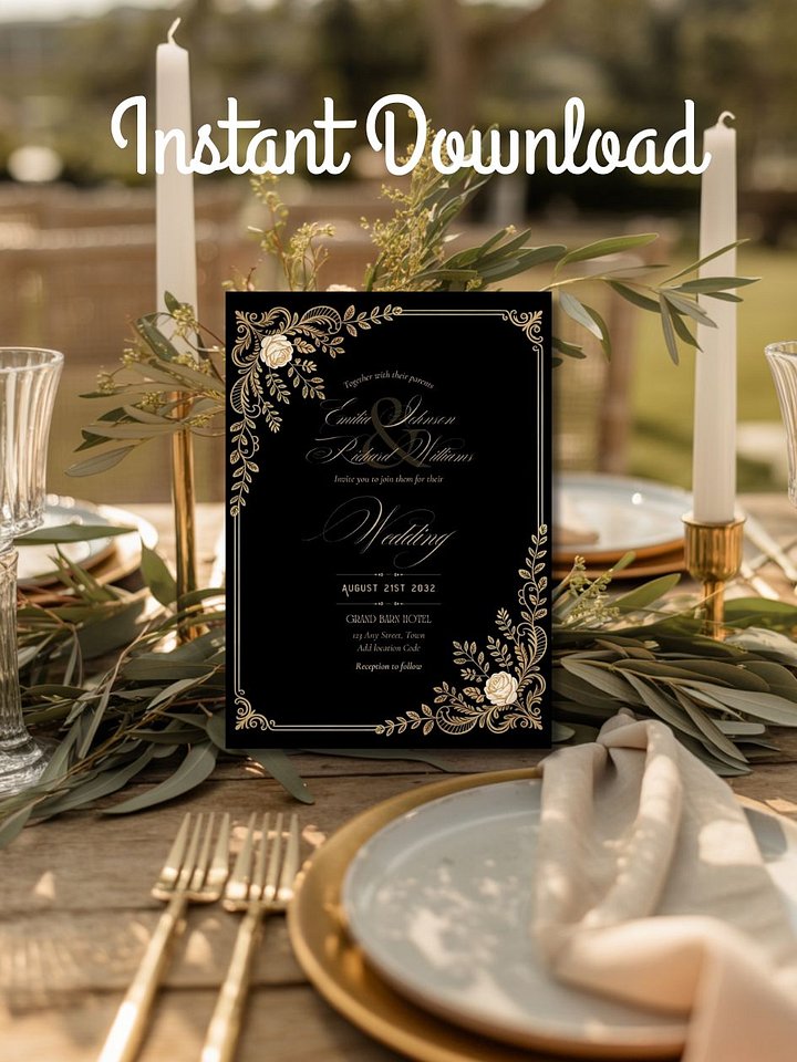 Editable Vintage Wedding Invitations | Edit in Canva | Instant Download Template | Black Gold Floral Rose product image (2)