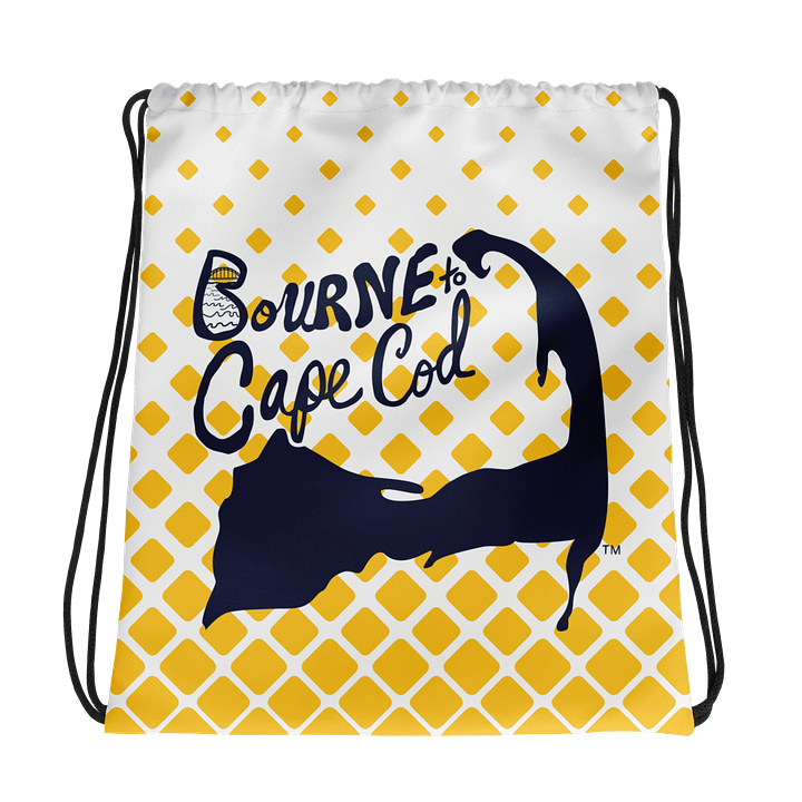 BOURNE to Cape Cod™ | Drawstring Bag | Beach-to-Gym Grab & Go | Coastal Vibe Sackpack Essential | Navy Blue Logo on Retro Mod Yellow Diamond product image (1)
