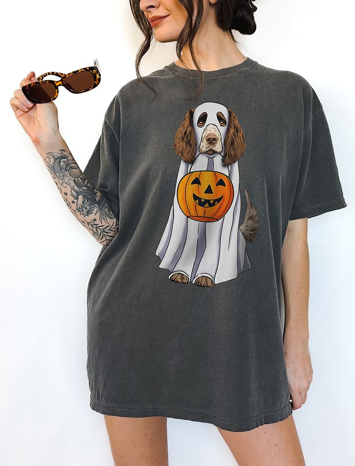Springer Spaniel Halloween Tee | Funny Fall & Halloween Spaniel Wearing Ghost Costume w/ Pumpkin Basket product image (6)