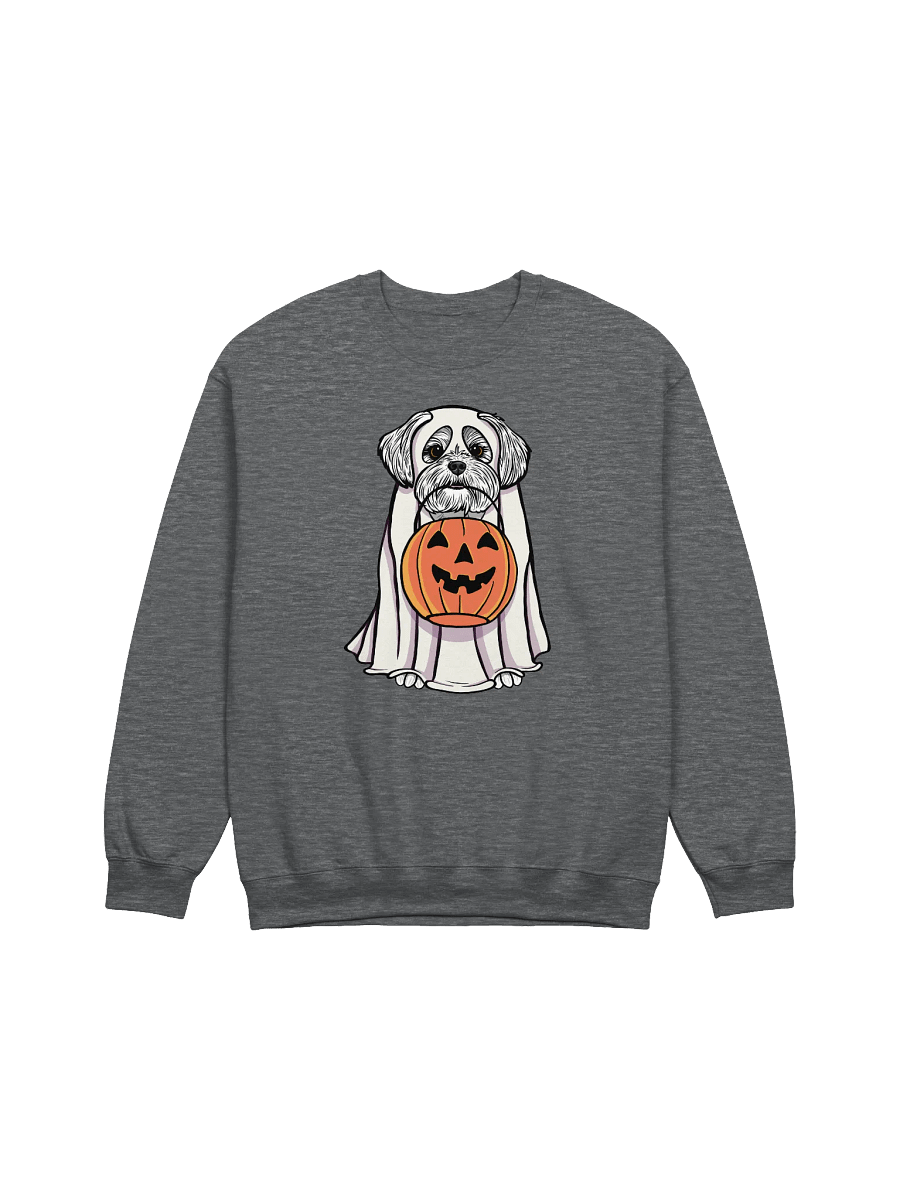 Funny Halloween Maltese Sweatshirt | Funny Maltese Wearing a Ghost Costume and Holding a Pumpkin Basket product image (7)