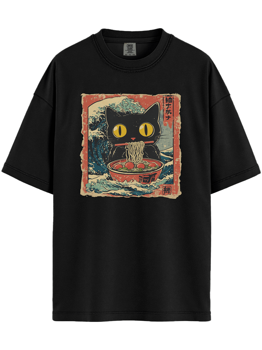 Ramen Eating Black Cat T-Shirt – Relaxed Fit Heavyweight Unisex Cotton T-Shirt product image (12)