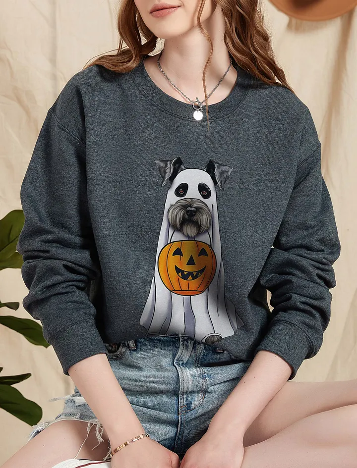 Schnauzer Halloween Sweatshirt | Funny Fall & Halloween Schnauzer Wearing a Ghost Costume with Pumpkin Basket product image (5)