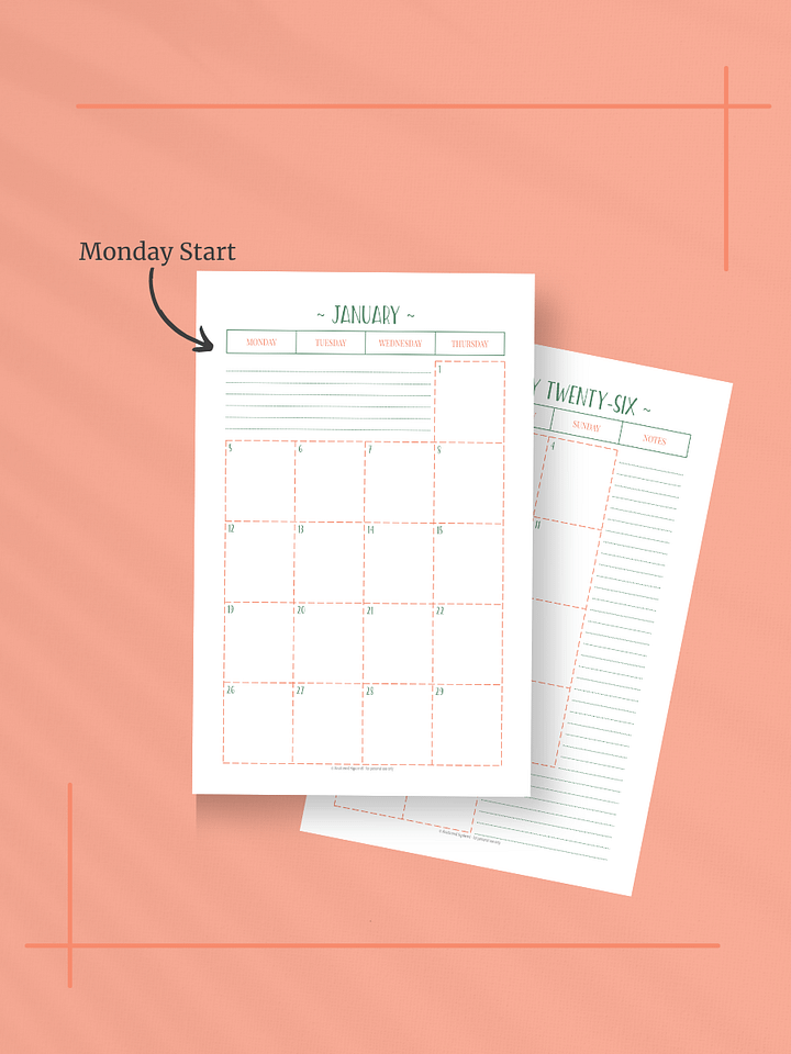 Peachy Green 2026 Calendar - 2 Pages per Month, Monday Start, Half Letter Size product image (2)