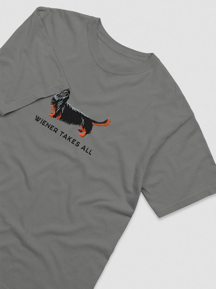 Wiener Takes All T-Shirt(Embroidered) of a Longhaired Dachshund(Black & Tan) product image (13)