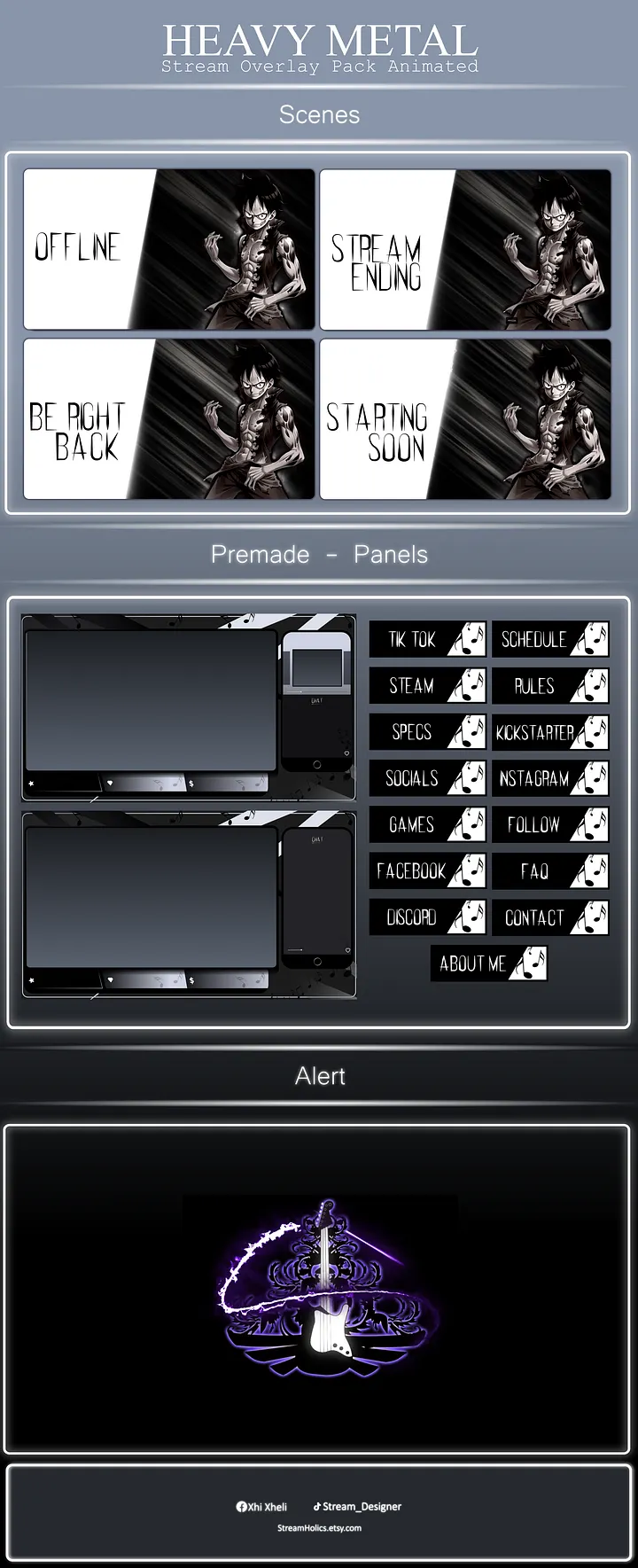 Dark Anime Stream Overlay Pack, One Piece Overlay, Heavy metal twitch overlay, Dark Anime Overlay, Black white stream overlay animated product image (2)