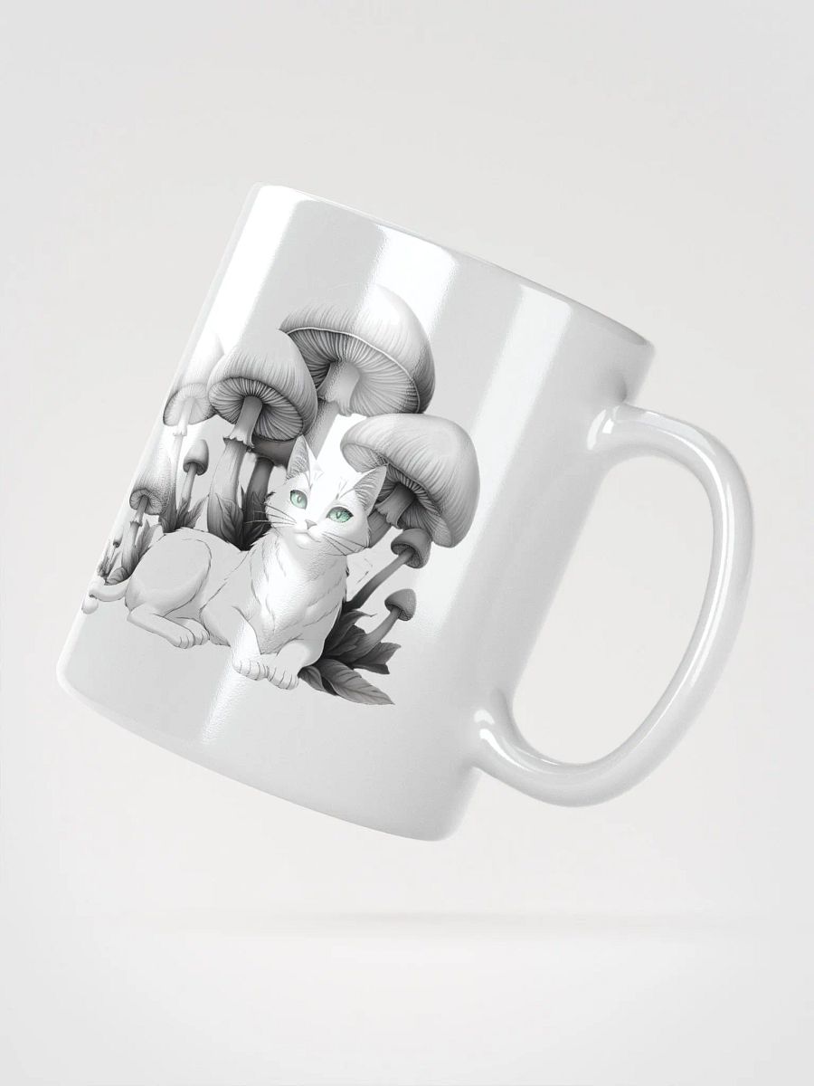 Black Cat and White Cat Resting Under Giant Mushrooms White Glossy Ceramic Mug product image (2)