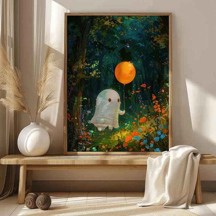 Cute Ghost with a Balloon Whimsical Halloween Art Print product image (1)