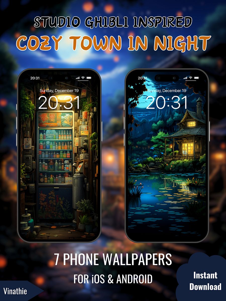 Cozy Town In Night | Studio Ghibli Inspired | Phone Wallpaper product image (4)