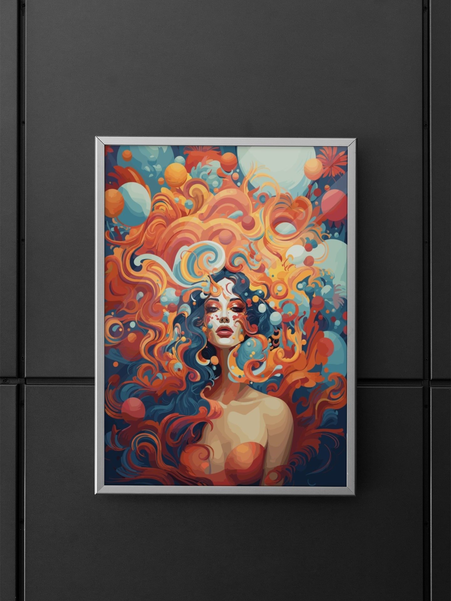 Fiery Autumn Goddess Art Poster, Vivid Orange and Blue Fantasy Woman, Whimsical Surreal Portrait for Enchanting Home Decor product image (5)