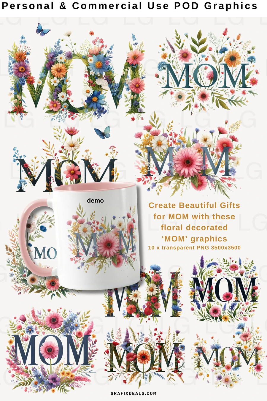 Create Beautiful MOM Gifts with These Decorated Floral 'MOM' Graphics - Commercial POD Use product image (1)