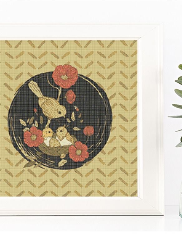 Lovely Printable Cross Stitch Pattern of Mother Bird and Babies in Nest with Floral Accents Earth Tones Red Flowers product image (4)