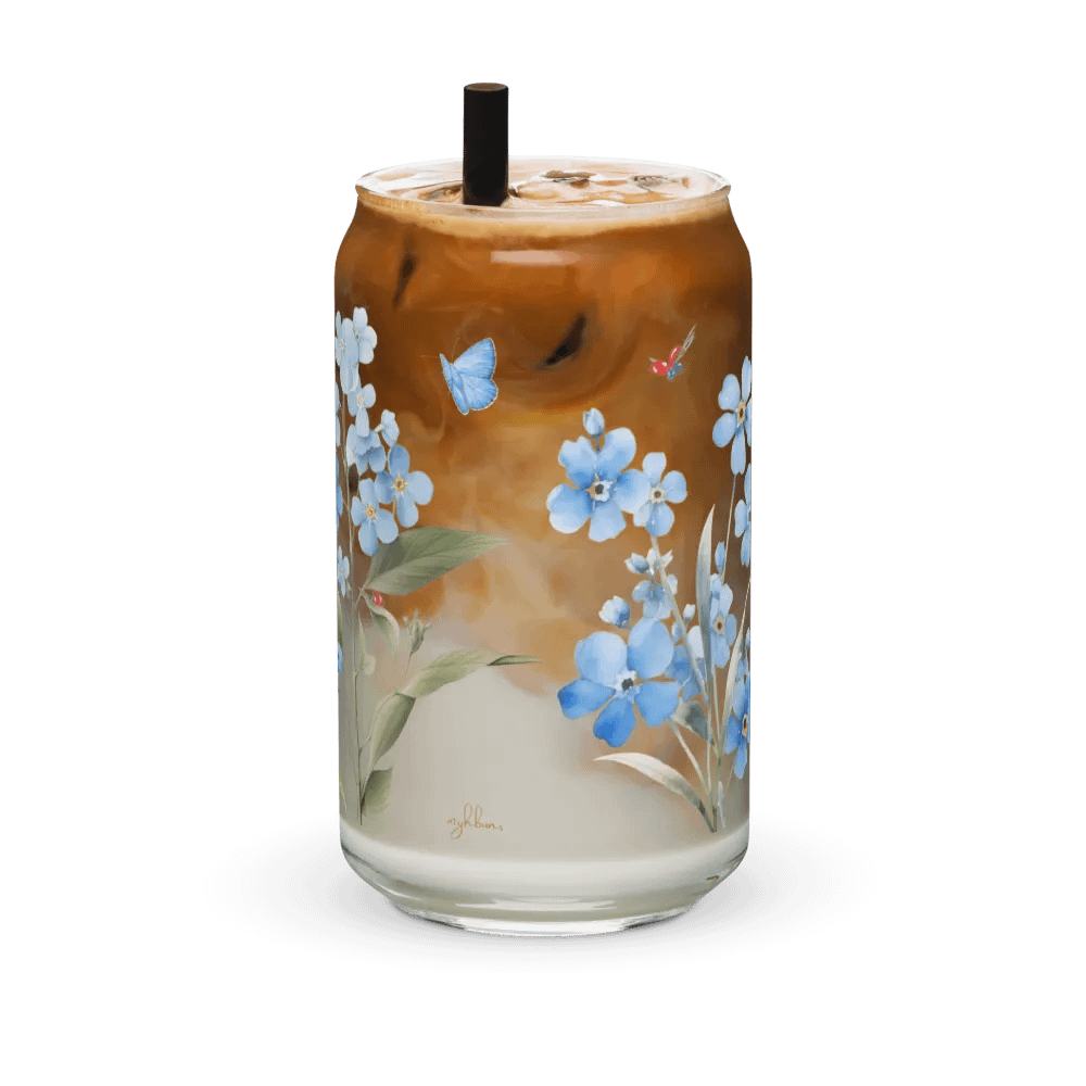Forget-Me-Not Whispers Glass Can Tumbler | 16oz Eco-Friendly Botanical Drinkware | Blue Blossoms & Butterflies Design product image (11)